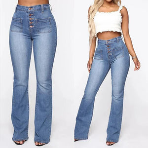 Ladies Blue Buttoned Front Stretchy Denim Straight Leg Jeans