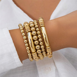 Ladies Gold Plated Chunky Round Beads 5 Set Stackable Bracelets