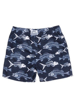 Load image into Gallery viewer, Boys Minoti Navy Fish Bone Print Swimming Shorts
