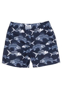 Boys Minoti Navy Fish Bone Print Swimming Shorts