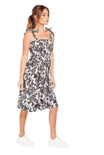 Load image into Gallery viewer, Ladies Black &amp; White Floral Gathered Bodice Cotton Blend Dress
