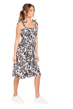 Load image into Gallery viewer, Ladies Black & White Floral Gathered Bodice Cotton Blend Dress