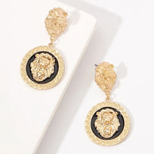 Load image into Gallery viewer, Ladies Round 18K Gold Plated Embossed Lion Head Dangling Earrings