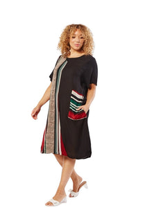 Ladies Black Multi Contrasted Stripe Curve Shortsleeve Dress