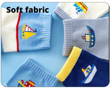 Load image into Gallery viewer, Boys Blue Soft Stripe Sailboat Print 5 Pairs Ankle Socks 4-8y