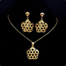 Load image into Gallery viewer, Ladies Gold Flower of Life Stainless Steel Hollow Earring Pendant Necklace Set