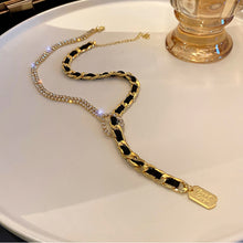 Load image into Gallery viewer, Ladies Gold InterLink Black inlay Chain Crystal Drop Good Luck Pendant Necklace