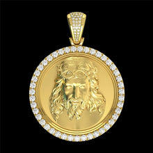 Load image into Gallery viewer, Mens Big 18K Gold Plated Round Crystals Jesus Head Pendant Necklace