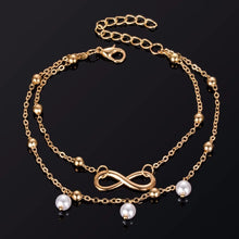 Load image into Gallery viewer, Ladies Gold Plated Two Layers Simulated Pearl Infinity Charm Anklet