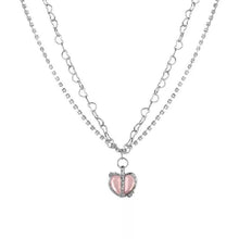 Load image into Gallery viewer, Ladies Silver Pink Heart Crystal Double Chain Rhinestone Necklace