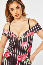 Load image into Gallery viewer, Ladies Black Multi Bold Floral Stripe Cold Adjustable Shoulder Jumpsuits