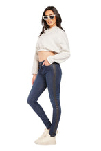 Load image into Gallery viewer, Ladies Dark Denim Blue Cotton Black Side Stripe Mid Waist Jeans