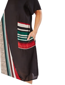 Ladies Black Multi Contrasted Stripe Curve Shortsleeve Dress