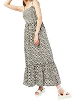Load image into Gallery viewer, Multi Diamond Pattern Shirred Bodice Cotton Maxi Tie Strap Dress