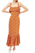 Load image into Gallery viewer, Ladies Brown & Orange Ditsy Floral Overlay Sleeveless Frill Hem Maxi Dress