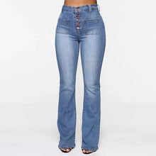 Load image into Gallery viewer, Ladies Blue Buttoned Front Stretchy Denim Straight Leg Jeans