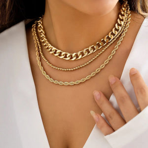 Ladies Gold Plated Triple Chunky Cuban Link Bead Rope Chain Sets
