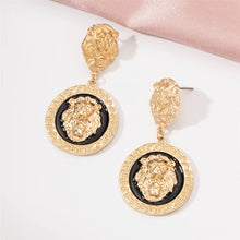 Load image into Gallery viewer, Ladies Round 18K Gold Plated Embossed Lion Head Dangling Earrings
