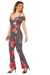 Ladies Black Multi Bold Floral Stripe Cold Adjustable Shoulder Jumpsuits