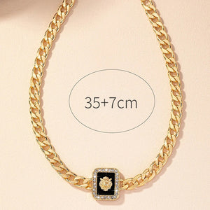 Ladies Gold Lion Head Crystal Square Pendant Chunky Link Chain Necklaces