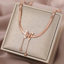 Load image into Gallery viewer, Ladies Butterfly Rose Gold Stainless Steel Blade Snake Chains Choker Necklace