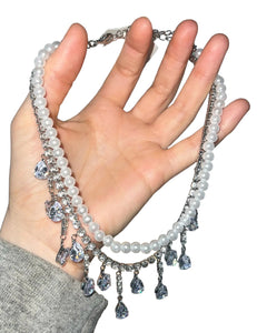 Ladies Silver Rhinestones Drop Crystals Choker Multi Layer Pearl 2Tier Necklaces