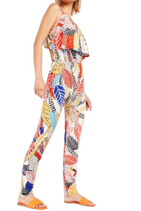 Ladies Multi Color Leaf Print Overlay Adjustable Strap Stretchy Jumpsuits