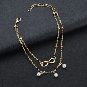 Ladies Gold Plated Two Layers Simulated Pearl Infinity Charm Anklet