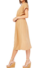 Load image into Gallery viewer, Ladies Beige Elasticated Waist Rolled Short Sleeve Belted Dress