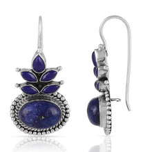 Load image into Gallery viewer, Ladies Sterling Silver Blue Ethnic Round Lapis Gemstone Vintage Dangle Earrings