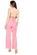 Load image into Gallery viewer, Ladies Fuchsia Lace Up Tie Back Wide Slit Side Leg Jumpsuit