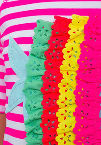 Girls Minoti Pink & White Fish Stripe Rash 2Pce Swimsuit