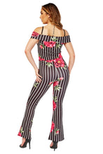 Load image into Gallery viewer, Ladies Black Multi Bold Floral Stripe Cold Adjustable Shoulder Jumpsuits
