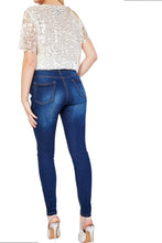 Load image into Gallery viewer, Ladies Blue Denim Mid Rise Stretchy Side Lurex Jeans