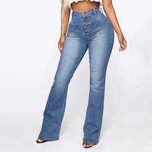 Load image into Gallery viewer, Ladies Blue Buttoned Front Stretchy Denim Straight Leg Jeans
