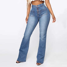 Load image into Gallery viewer, Ladies Blue Buttoned Front Stretchy Denim Straight Leg Jeans