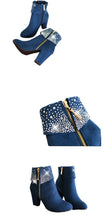 Load image into Gallery viewer, Ladies Blue Side Zip Crystals Block Chunky Heel Ankle Boots