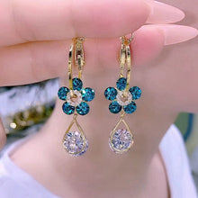Load image into Gallery viewer, Ladies Purple Blue Crystal Flower Waterdrop Dangle Earrings