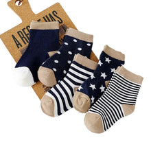 Load image into Gallery viewer, Boys Navy & Brown Kids Soft Stretchy Stripe Dot Star 5PK Socks