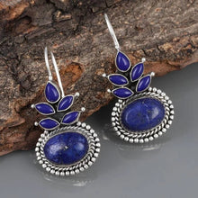 Load image into Gallery viewer, Ladies Sterling Silver Blue Ethnic Round Lapis Gemstone Vintage Dangle Earrings