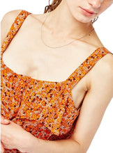 Load image into Gallery viewer, Ladies Brown & Orange Ditsy Floral Overlay Sleeveless Frill Hem Maxi Dress