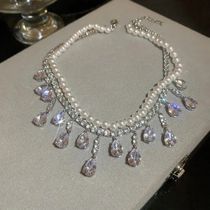 Ladies Silver Rhinestones Drop Crystals Choker Multi Layer Pearl 2Tier Necklaces