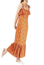 Load image into Gallery viewer, Ladies Brown &amp; Orange Ditsy Floral Overlay Sleeveless Frill Hem Maxi Dress
