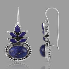 Load image into Gallery viewer, Ladies Sterling Silver Blue Ethnic Round Lapis Gemstone Vintage Dangle Earrings