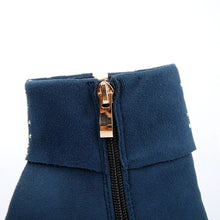 Load image into Gallery viewer, Ladies Blue Side Zip Crystals Block Chunky Heel Ankle Boots