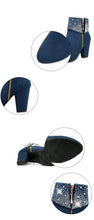 Load image into Gallery viewer, Ladies Blue Side Zip Crystals Block Chunky Heel Ankle Boots
