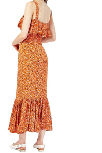 Ladies Brown & Orange Ditsy Floral Overlay Sleeveless Frill Hem Maxi Dress