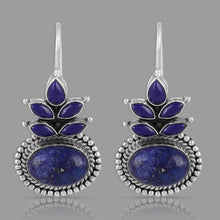 Load image into Gallery viewer, Ladies Sterling Silver Blue Ethnic Round Lapis Gemstone Vintage Dangle Earrings