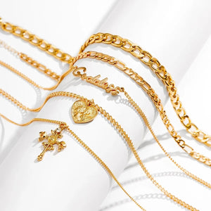 Ladies 18K Gold Plated Love Heart Cross Pendant Choker 5PC Necklace Sets
