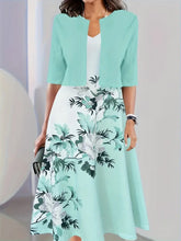 Load image into Gallery viewer, Ladies Torquoise White Flower and Grass Print V- Neck Long 2 Piece Womens Dress
